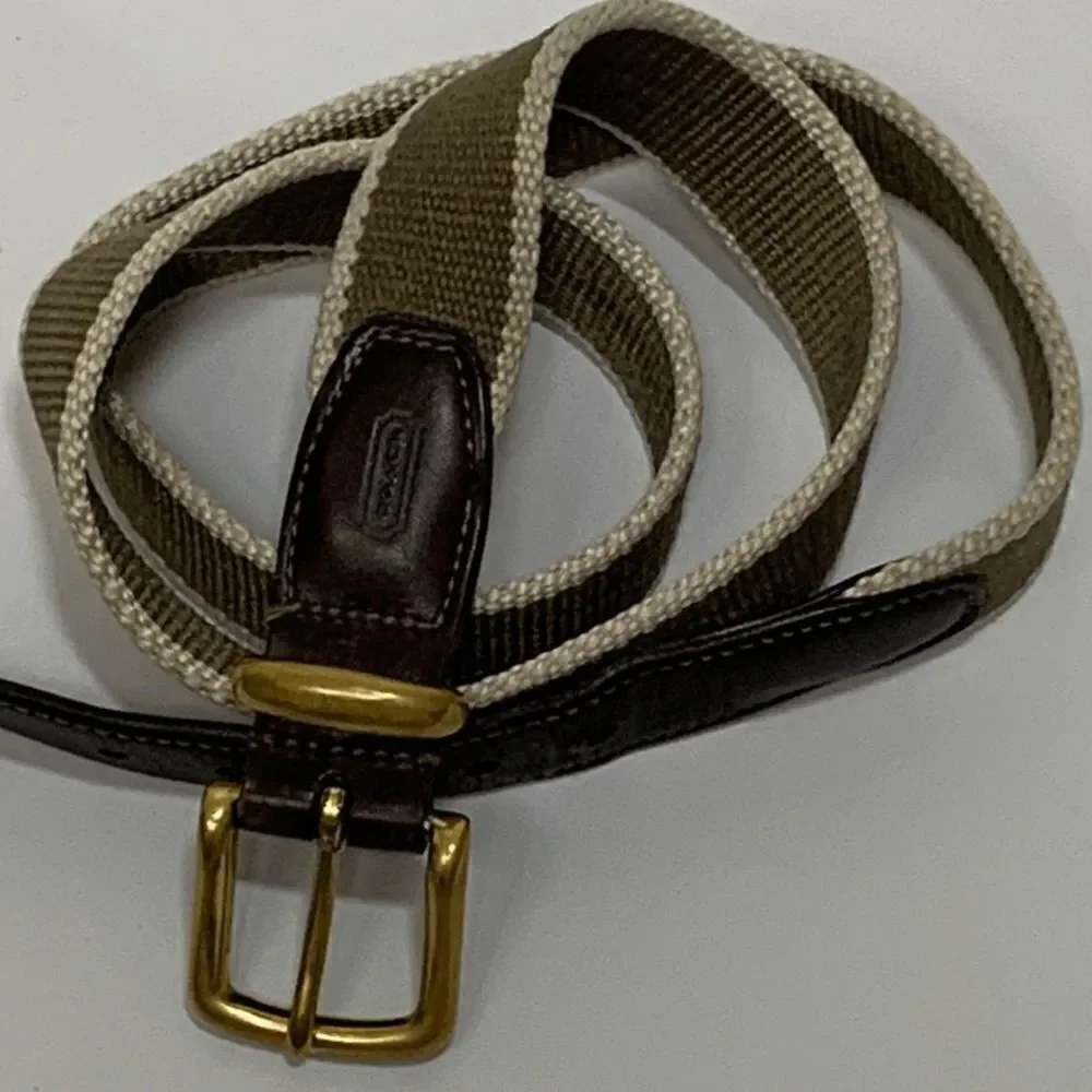 Coach Brown Leather and Army Green Cream Nylon Belt